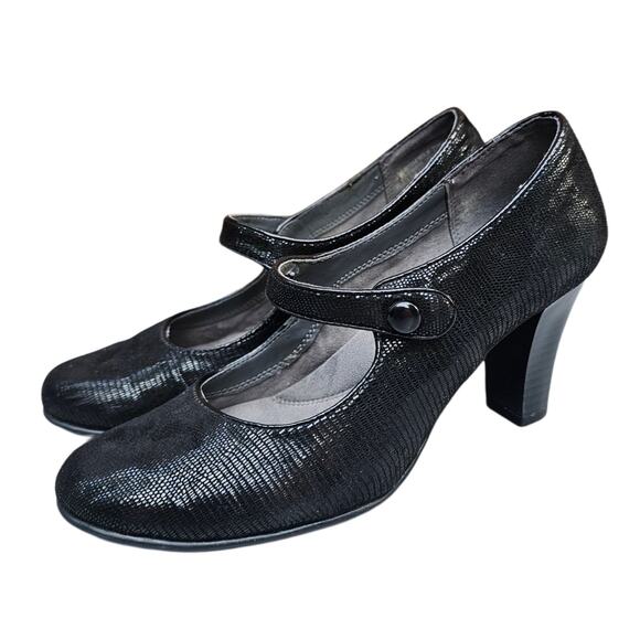 MaryJane Pumps Aerosoles Role Through Size 8.5 Black Shimmer Reptile Scale Heels - Picture 1 of 12